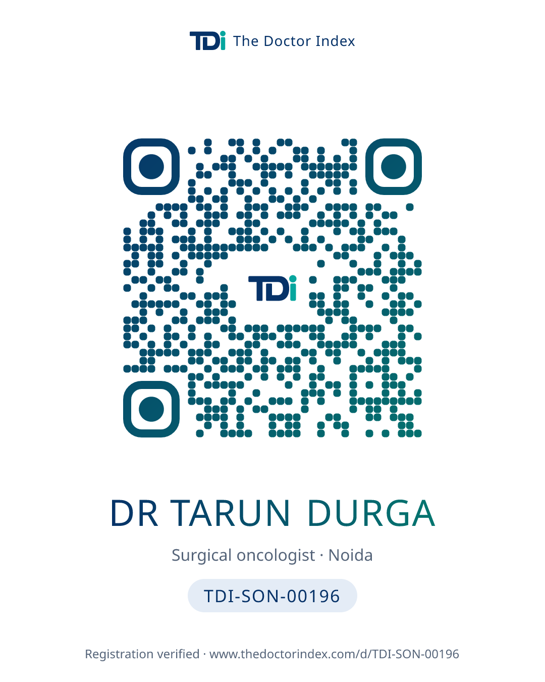 QR card for Dr Tarun Durga, TDI-SON-00196