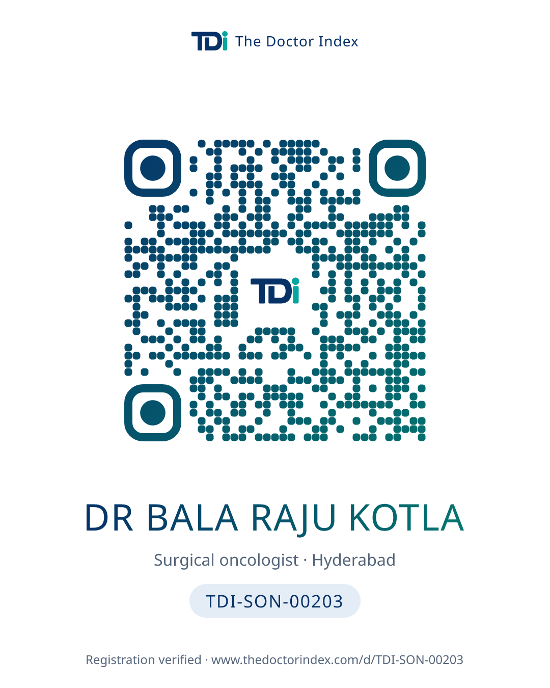 QR card for Dr Bala Raju Kotla, TDI-SON-00203