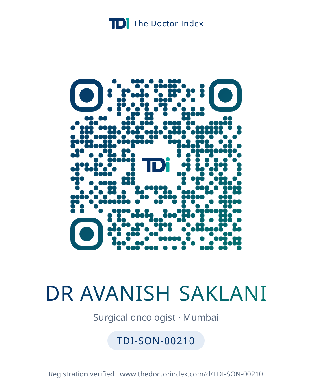 QR card for Dr Avanish Saklani, TDI-SON-00210