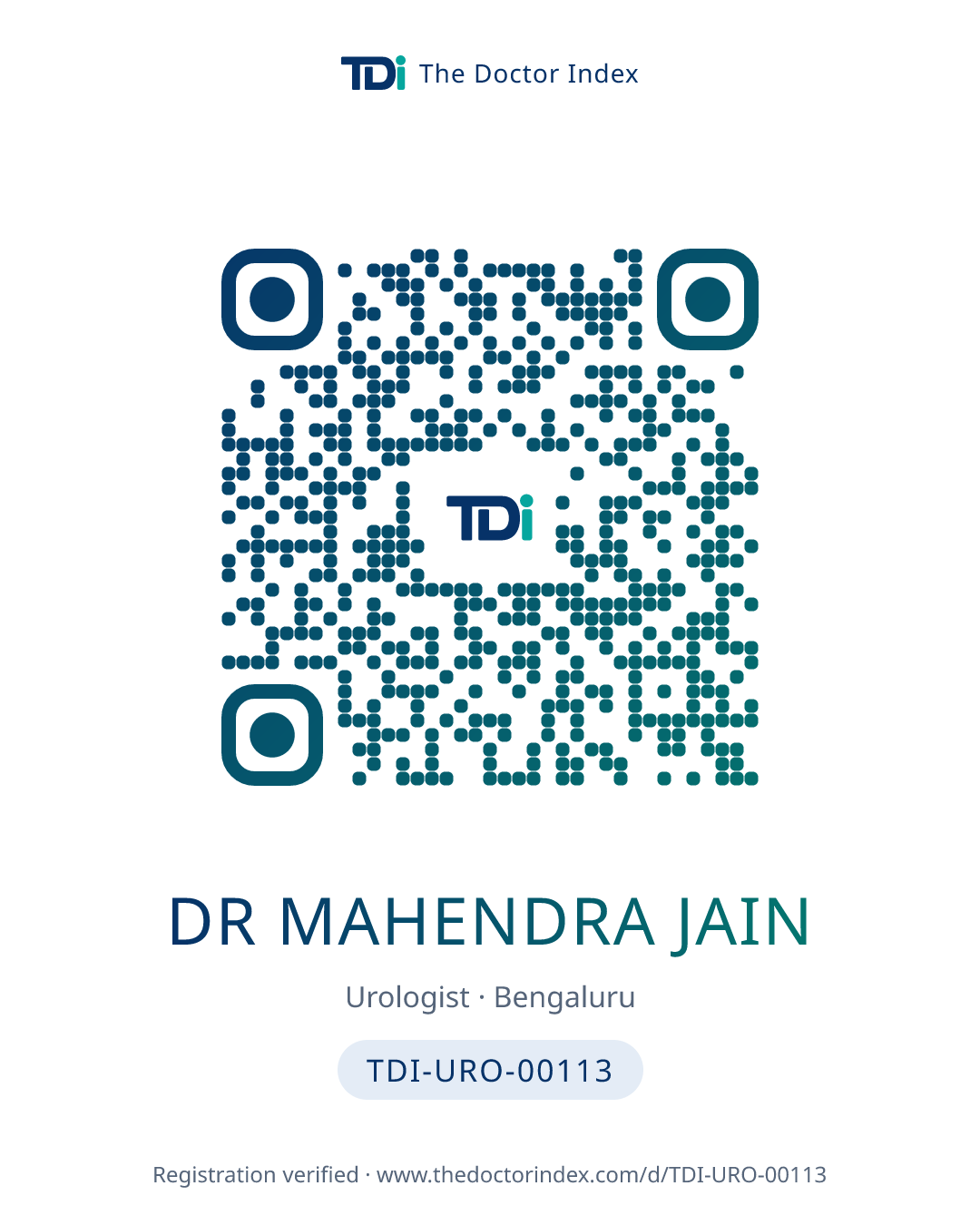 QR card for Dr Mahendra Jain, TDI-URO-00113