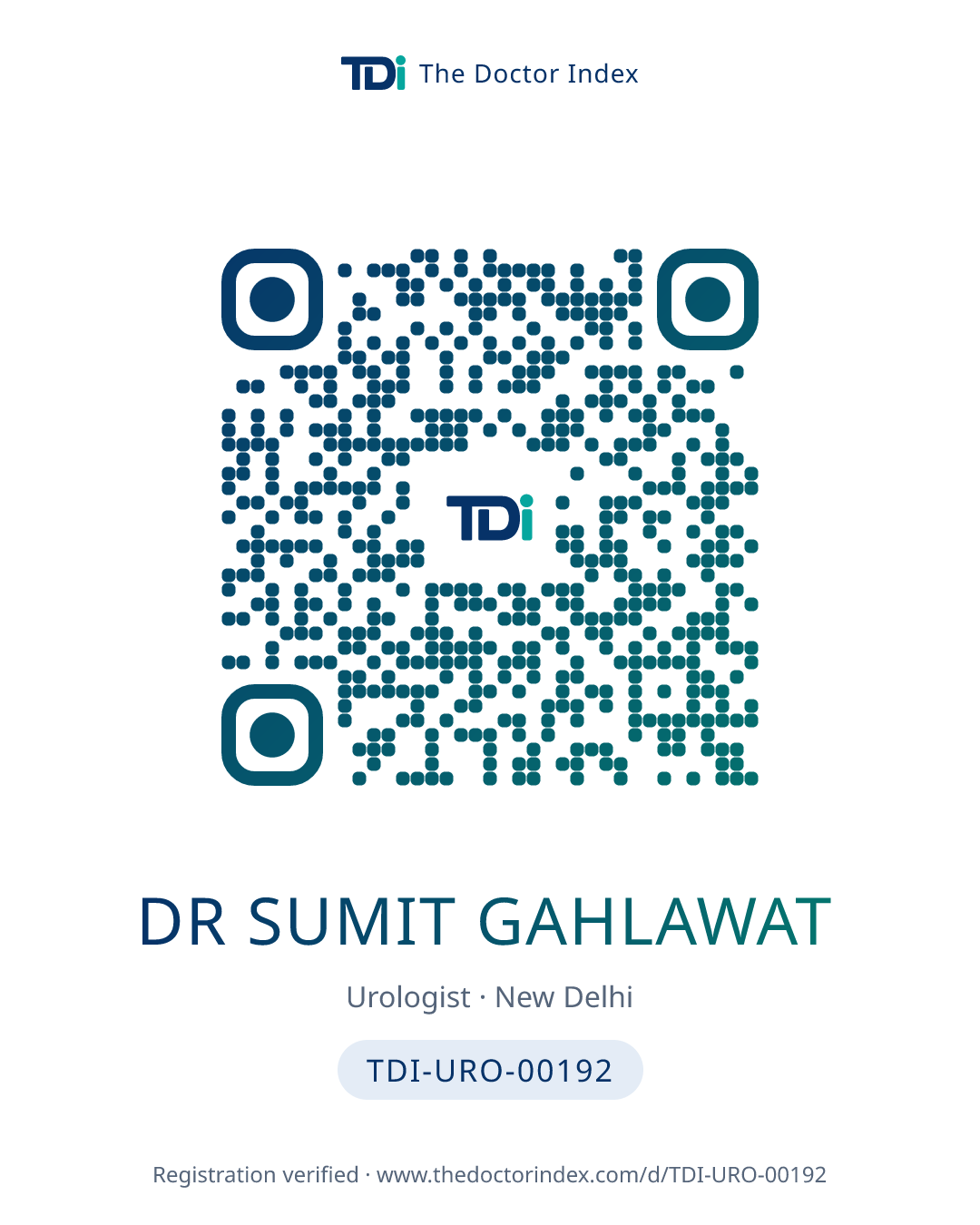 QR card for Dr Sumit Gahlawat, TDI-URO-00192