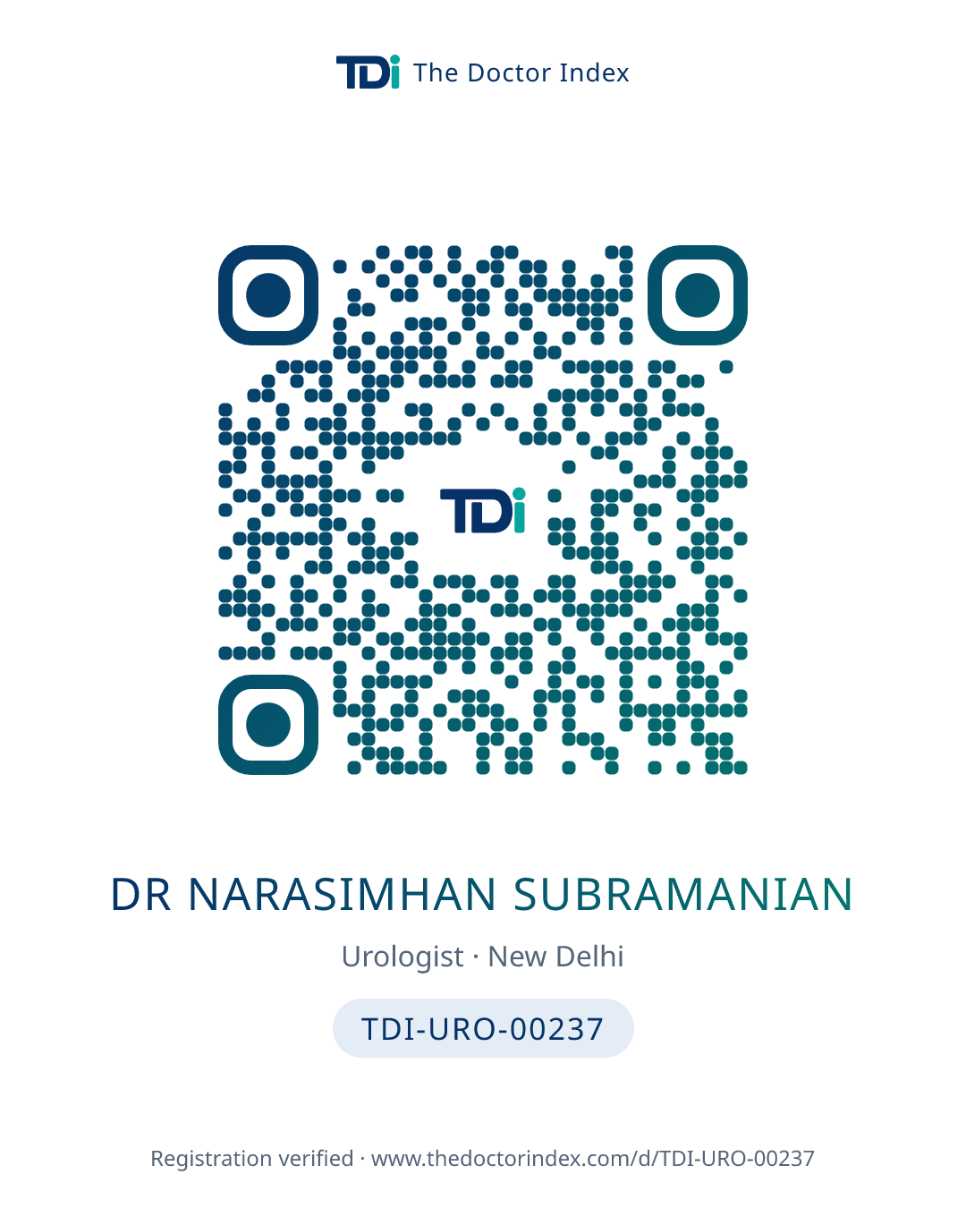 QR card for Dr Narasimhan Subramanian, TDI-URO-00237